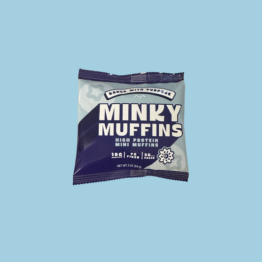 A bag of blueberry mini muffins called "Minky Muffins".