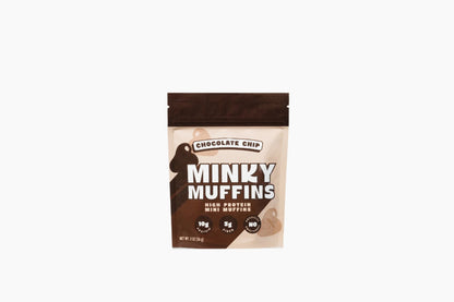 Minky Muffins chocolate chip high protein muffin package on a white background