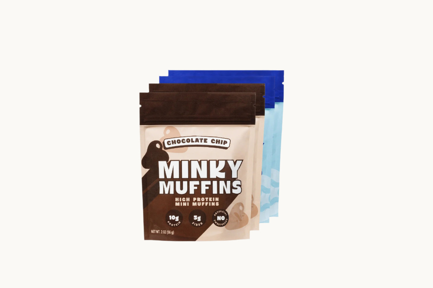 Packaging of Minky Muffins chocolate chip muffin and blueberry flavors stacked on a white background