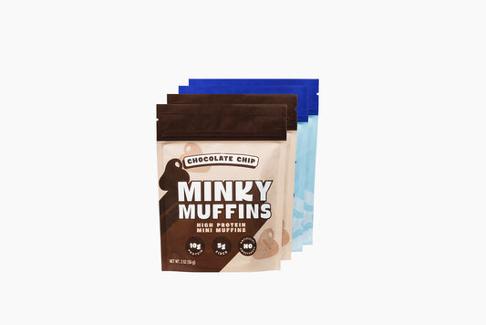 packaging of mini muffins in a combination of chocolate chip and blueberry mini muffin flavors with a white background