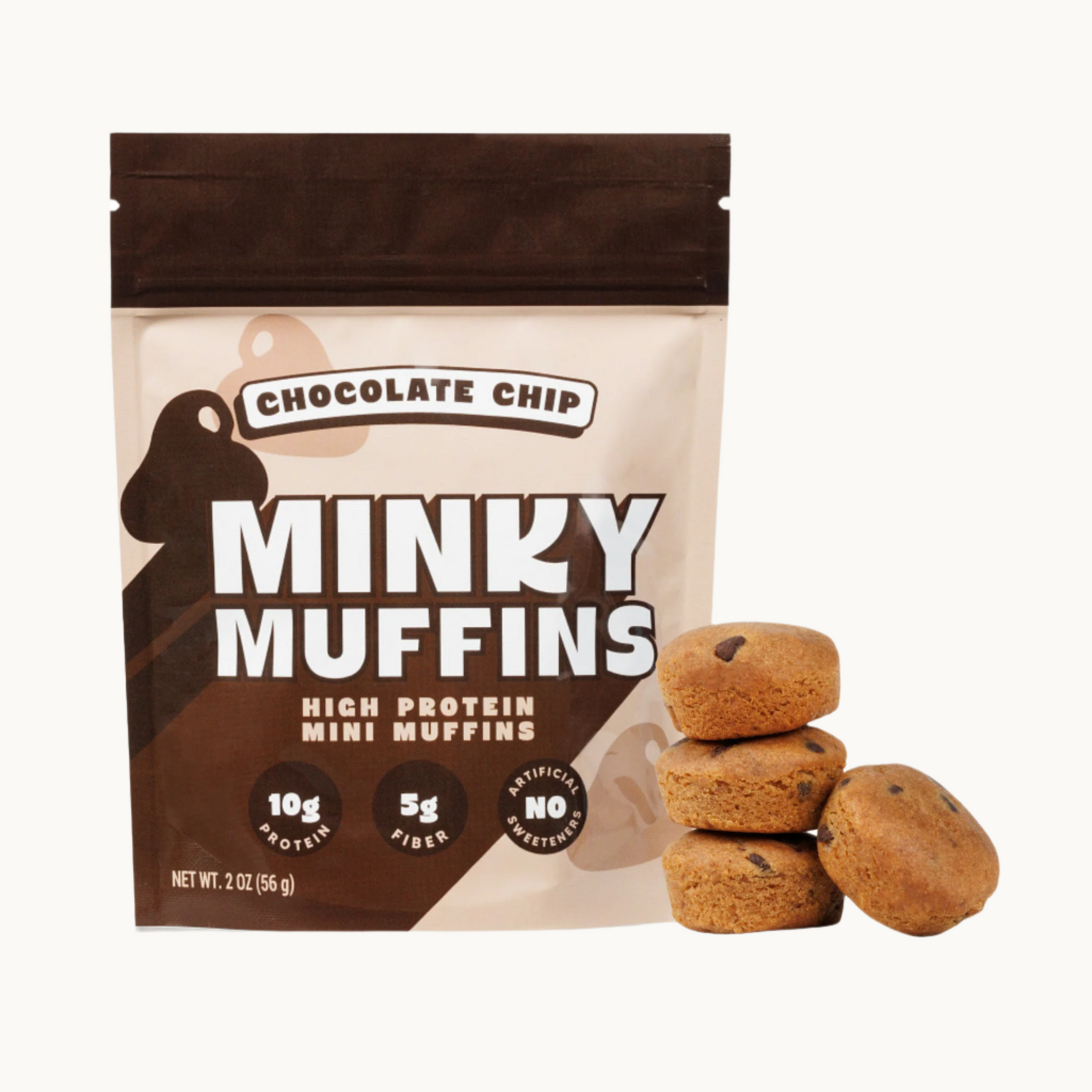 Package of Minky Muffins high protein mini muffins with 4 chocolate chip mini muffins on a white background
